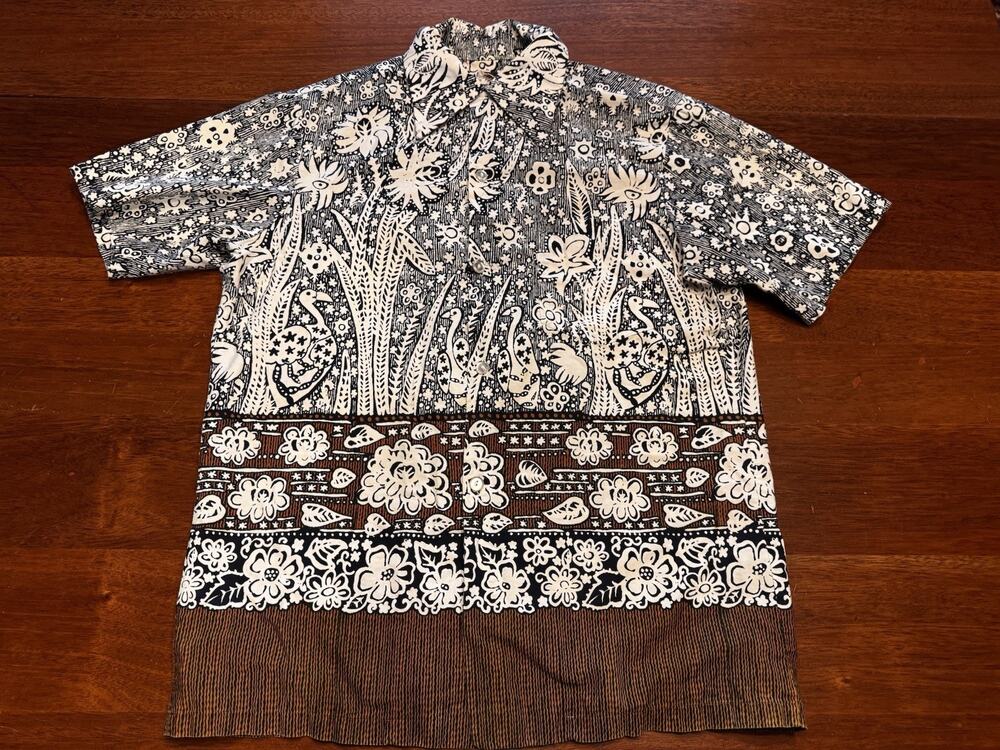 Vintage Sandwich Isles Honolulu Hawaiian Shirt Loop Collar Block Print Damaged